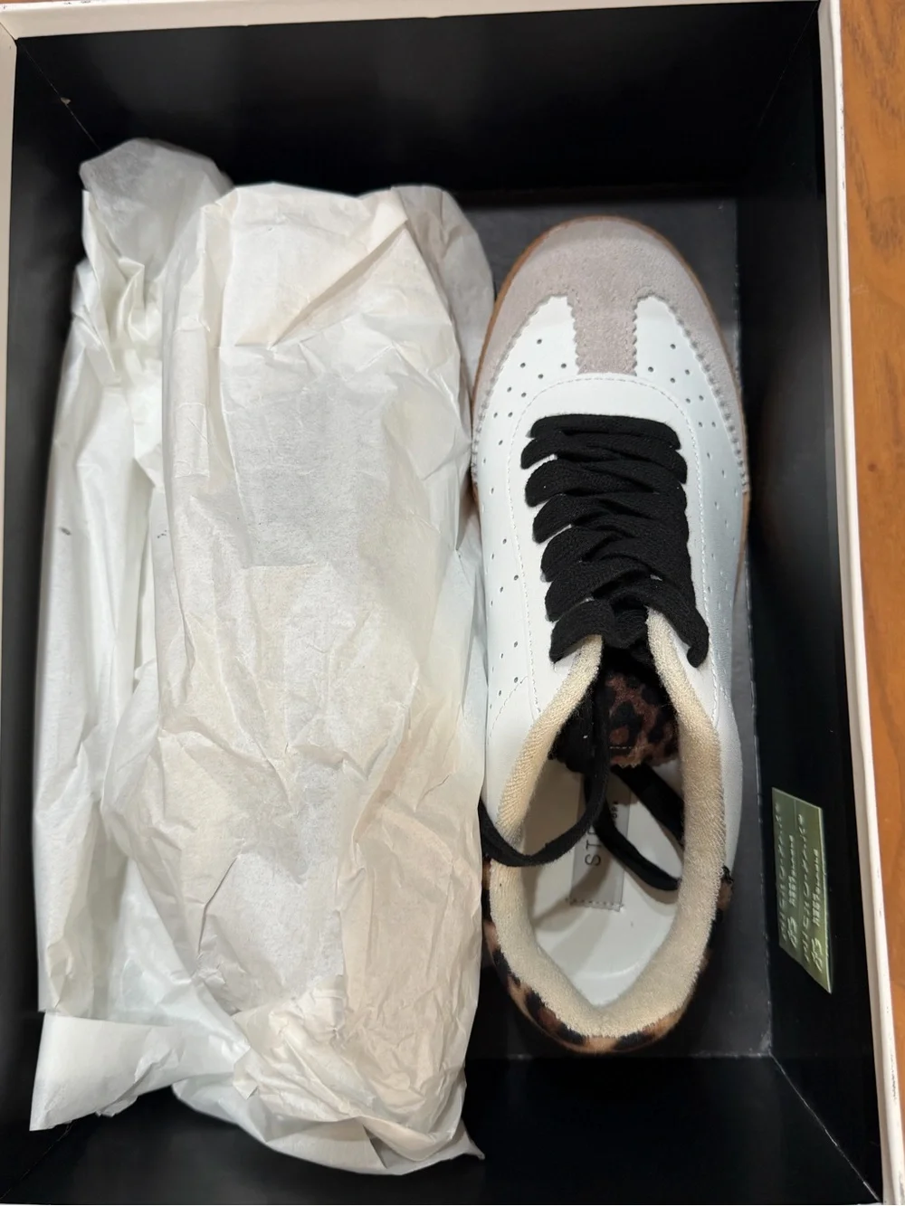 Steve Madden White Leather Sneaker with Gum Sole and Leopard Collar